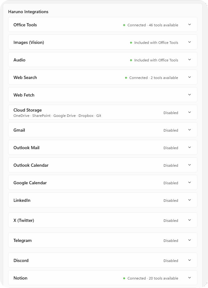 Haruno Connectors settings screen
