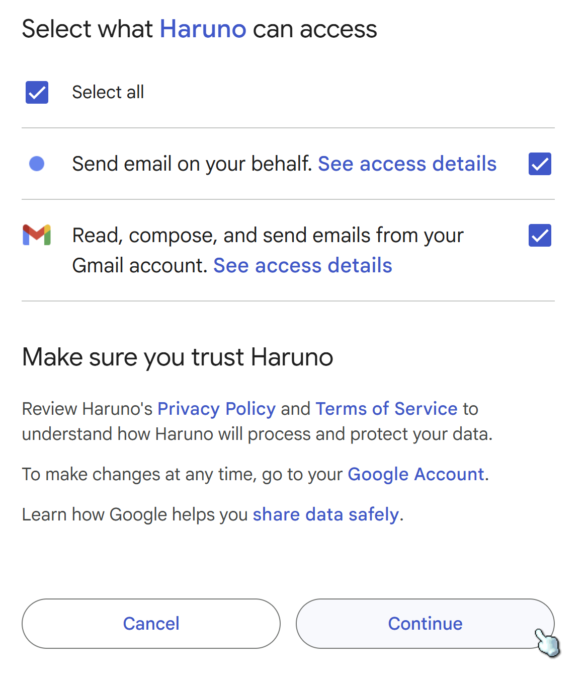 Connector sign-in and permission review screen