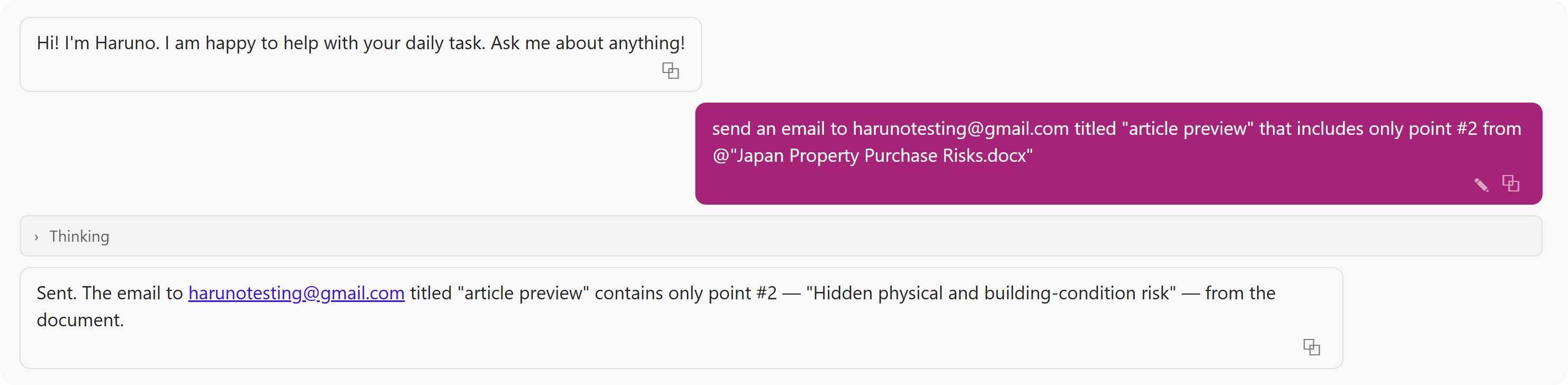 Completed task result in the Haruno chat