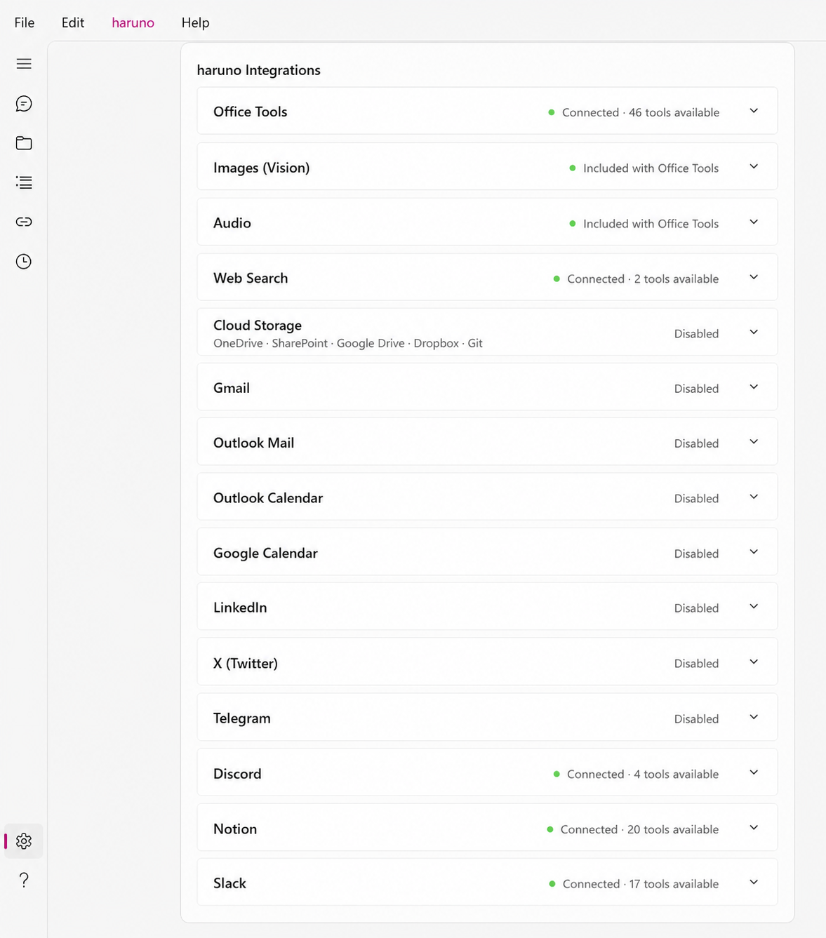 Haruno Integrations settings screen