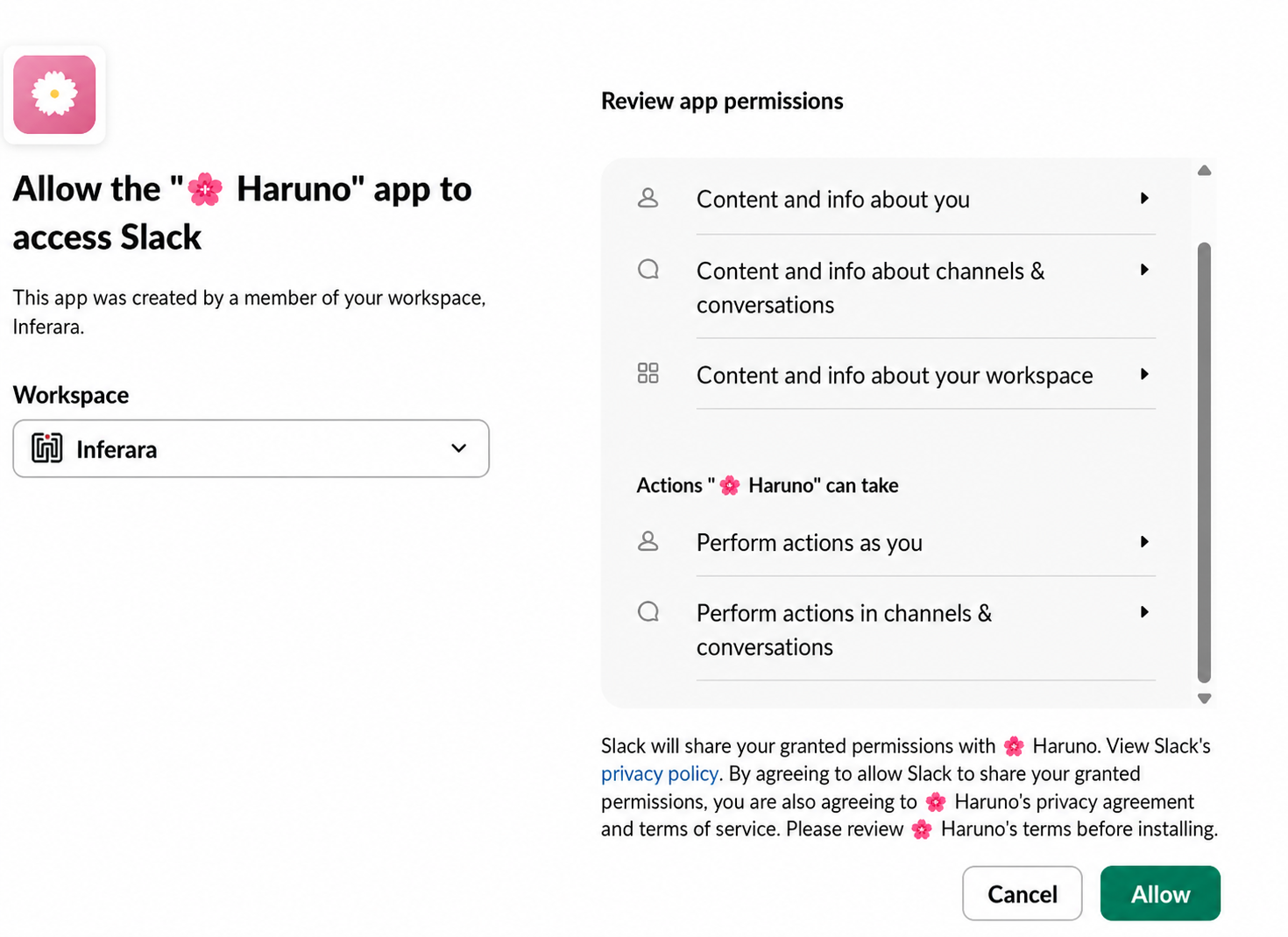 Haruno Slack permission confirmation screen